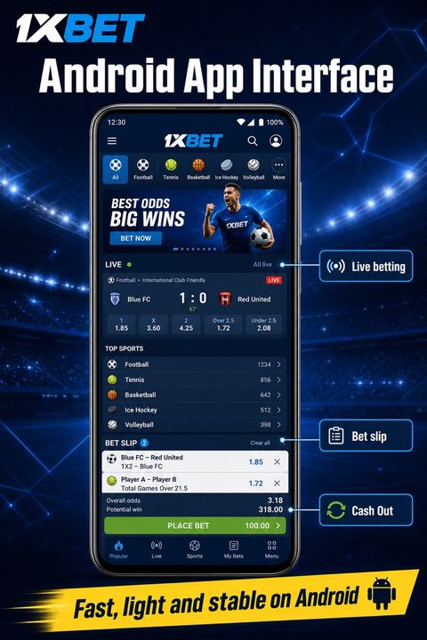 1xBet Android app interface showing live betting, bet slip and Cash Out