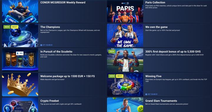1xBet Ghana promotions page showing multiple active offers and bonuses