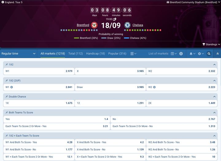 1xBet sportsbook markets for a Brentford v Chelsea Premier League fixture