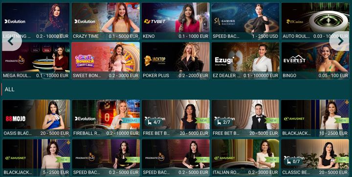 22Bet live casino lobby with Evolution, Pragmatic Play and Amusnet live dealer tables and their stake limits