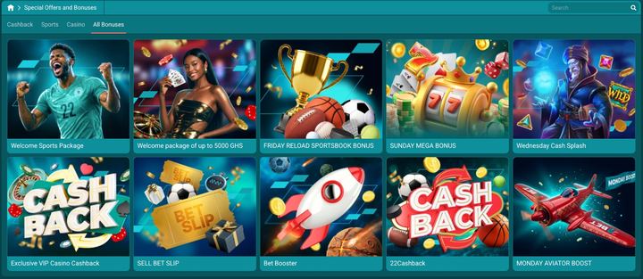 22Bet Ghana special offers page listing the welcome packages, reload bonuses, cashback and Monday Aviator boost