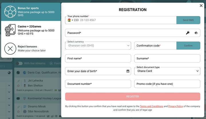 22Bet Ghana registration form showing the sports and casino welcome bonus choice, Ghana Card document type and GHS currency