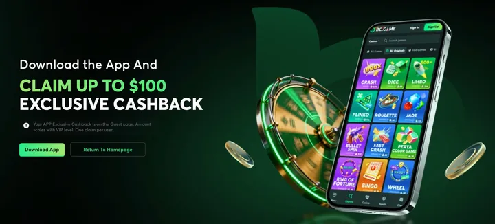 BC.Game app download page advertising up to $100 exclusive cashback for the app
