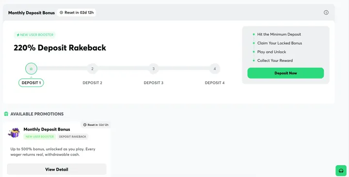 BC.Game 220% deposit rakeback bonus tracker showing the four deposit stages