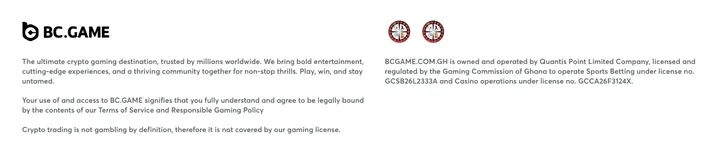 BC.Game Ghana site footer showing Quantis Point Limited Company licensed and regulated by the Gaming Commission of Ghana under sports betting licence GCSB26L2333A and casino licence GCCA26F3124X