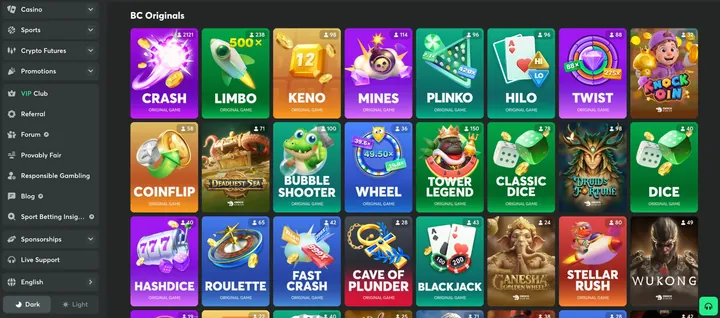 BC.Game Originals lobby showing Crash, Limbo, Keno, Mines, Plinko, HiLo, Twist and other in-house games