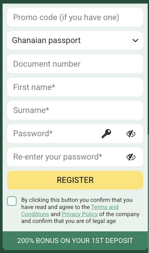 BetWinner Ghana registration form with promo code field and 200% first deposit bonus banner