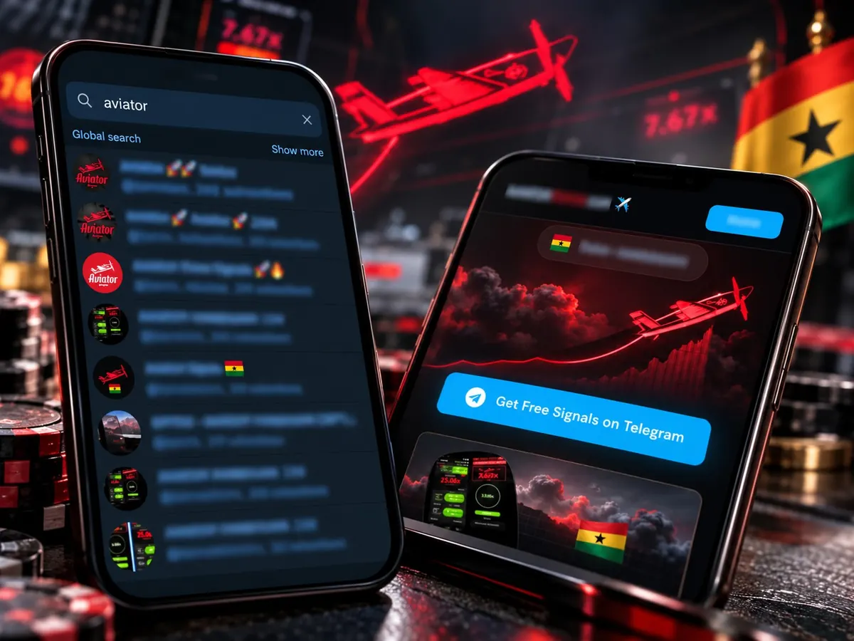 Two phones: one shows a Telegram search for Aviator signal groups, with the group names blurred; the other shows a website offering free Aviator signals on Telegram